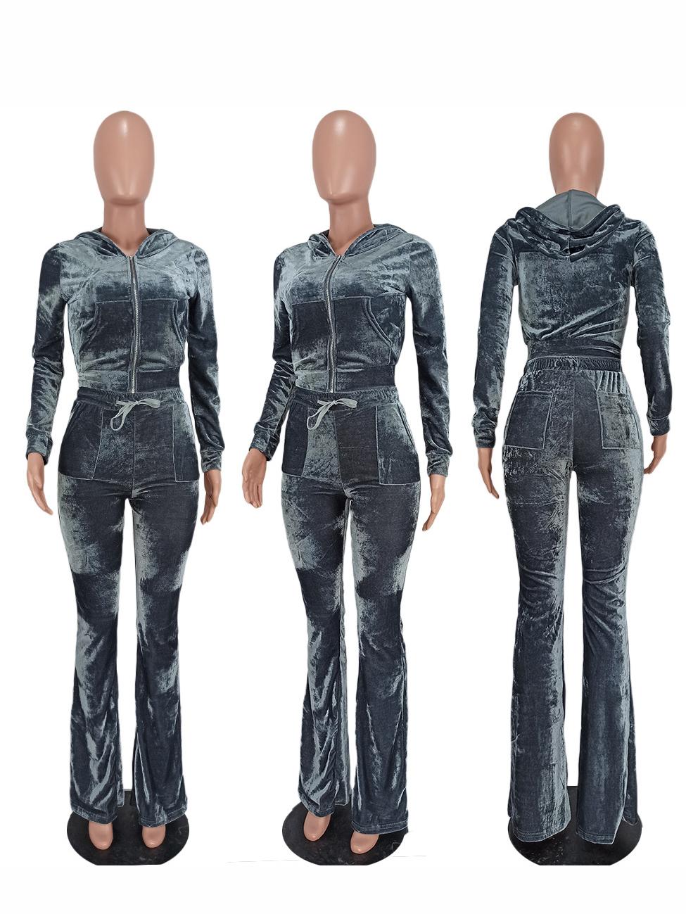 Autumn Zipper Hooded Collar 2 Piece Pant Sets