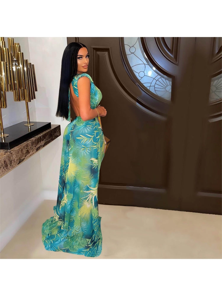 Hollow Out  Printed Rhinestone One Piece Swimsuit And Skirt Sets