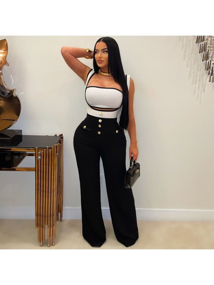 Colorblock Spaghetti Straps Backless Trouser Sets