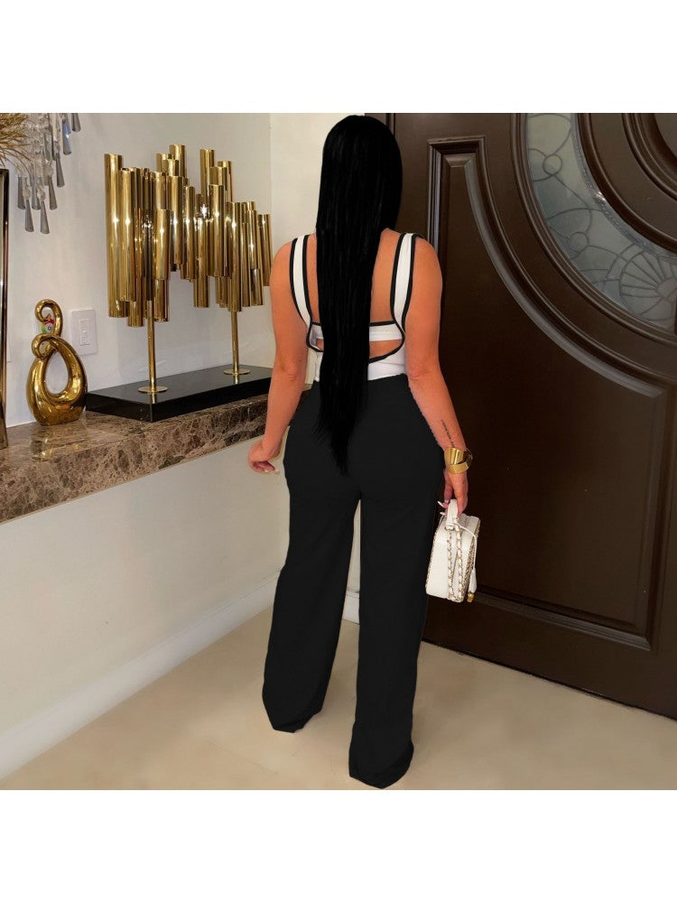 Colorblock Spaghetti Straps Backless Trouser Sets