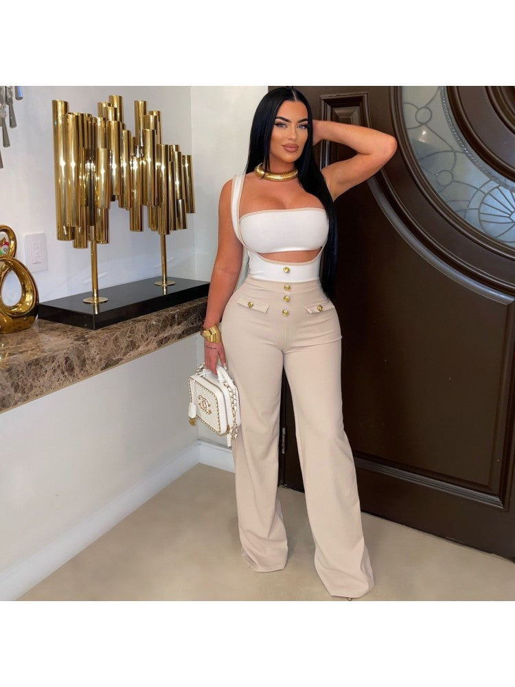 Colorblock Spaghetti Straps Backless Trouser Sets