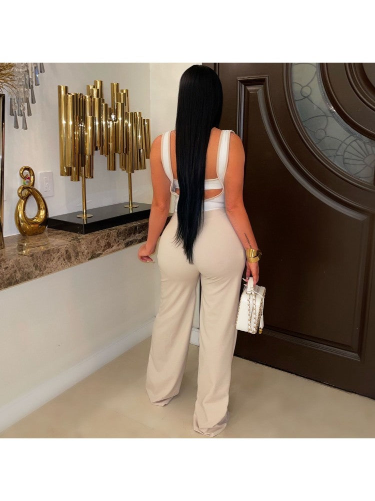 Colorblock Spaghetti Straps Backless Trouser Sets