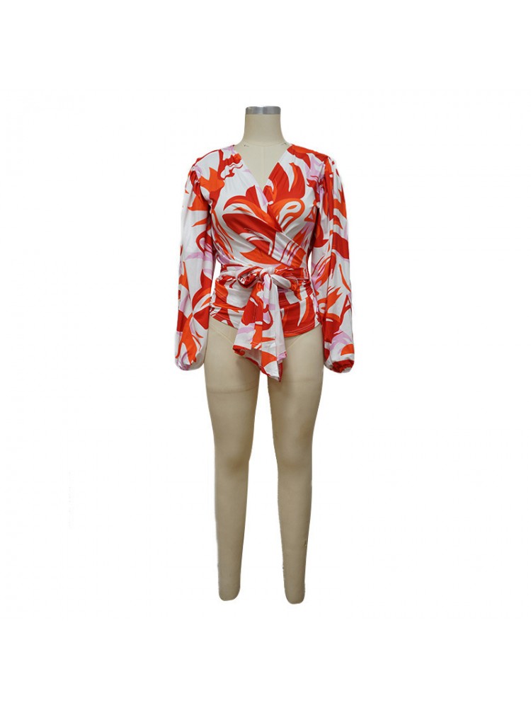 Geometric Pattern Ruffle Lace-Up Blouses