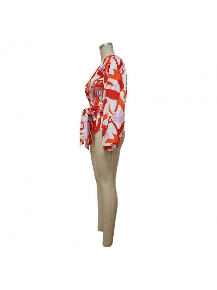 Geometric Pattern Ruffle Lace-Up Blouses