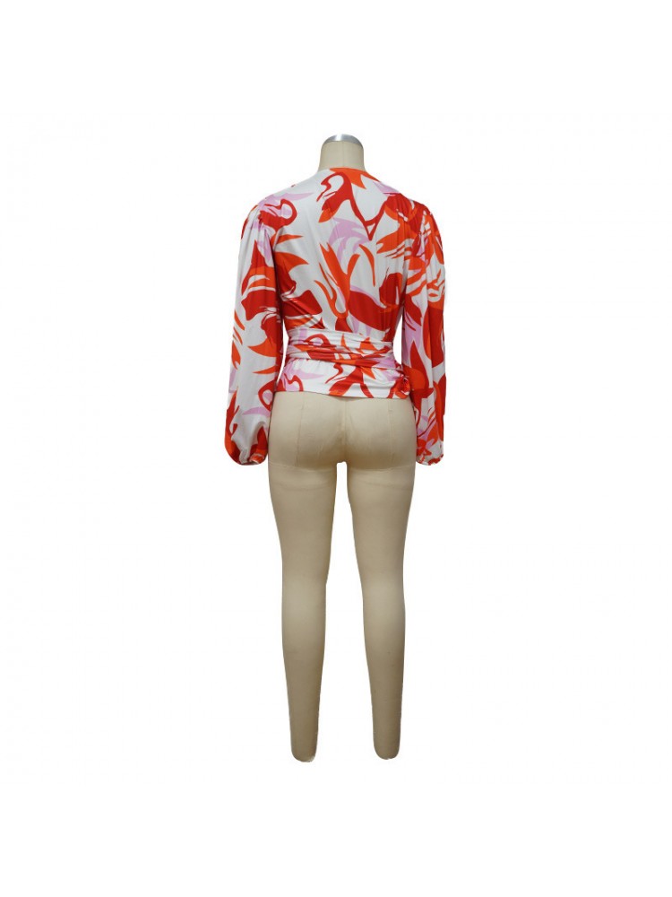 Geometric Pattern Ruffle Lace-Up Blouses