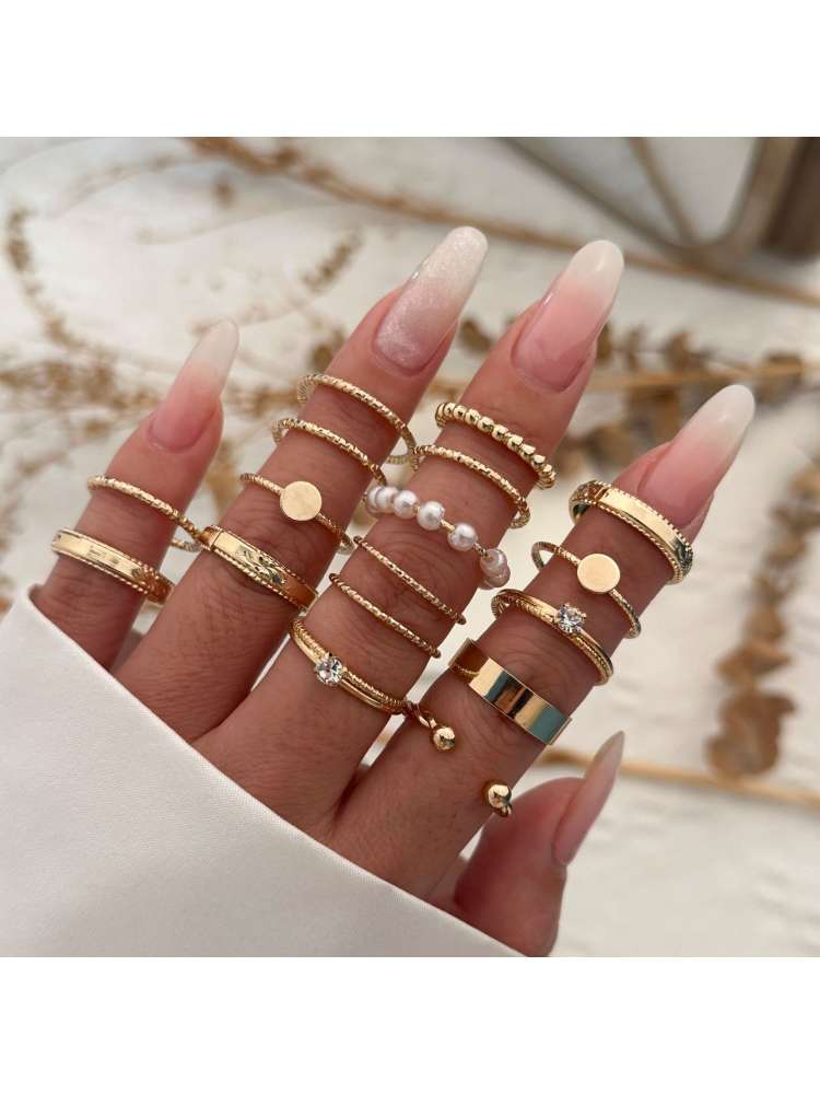 Geometric Rhinestone Alloy Circular Rings Set