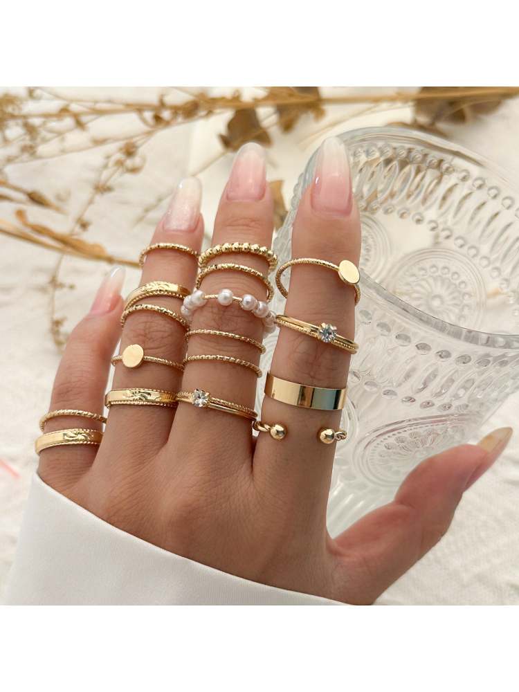 Geometric Rhinestone Alloy Circular Rings Set