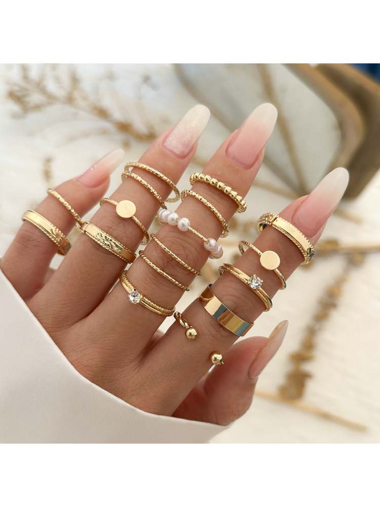 Geometric Rhinestone Alloy Circular Rings Set