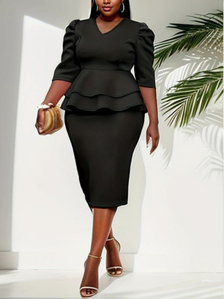 Ruffle V Neck High Rise Short Sleeve Dress