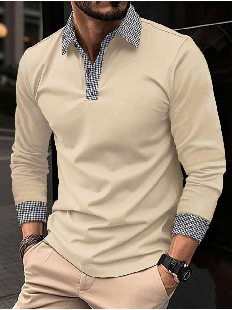 Patchwork Fitted Long Sleeve Men's Polo Shirt
