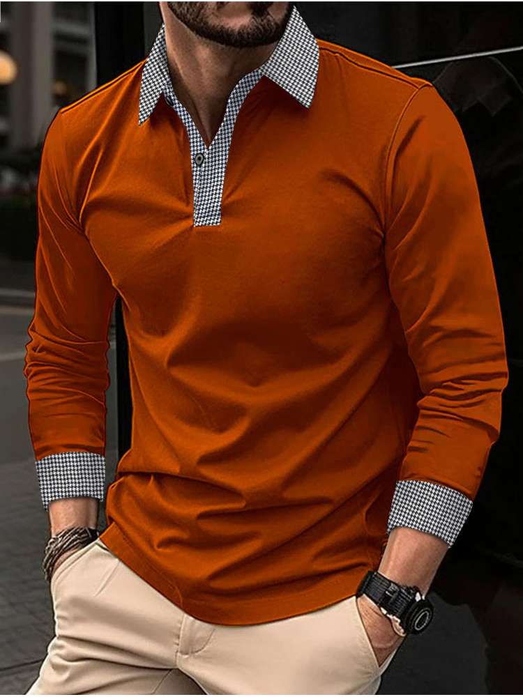 Patchwork Fitted Long Sleeve Men's Polo Shirt