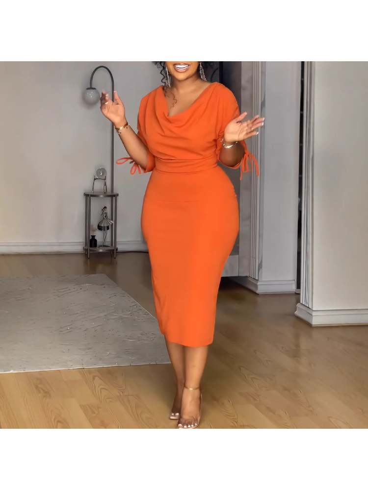 Elbow Sleeve Cowl Neck Split Hem Midi Dress