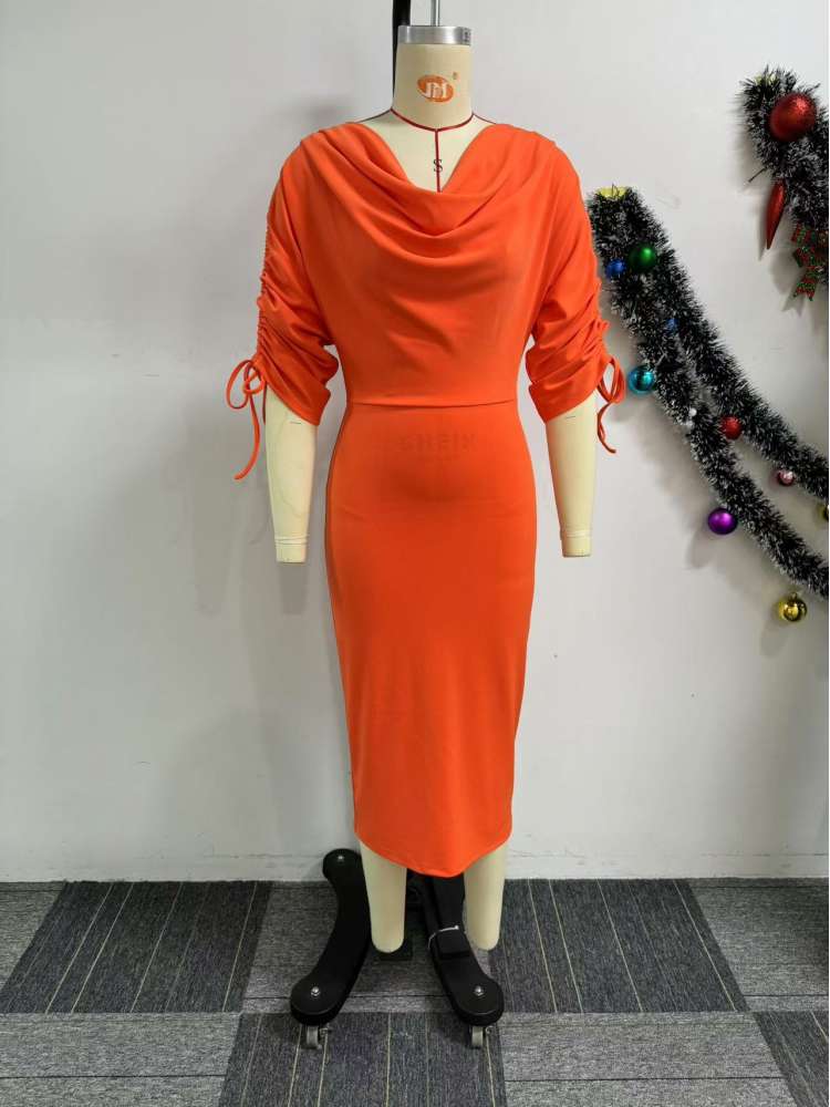 Elbow Sleeve Cowl Neck Split Hem Midi Dress