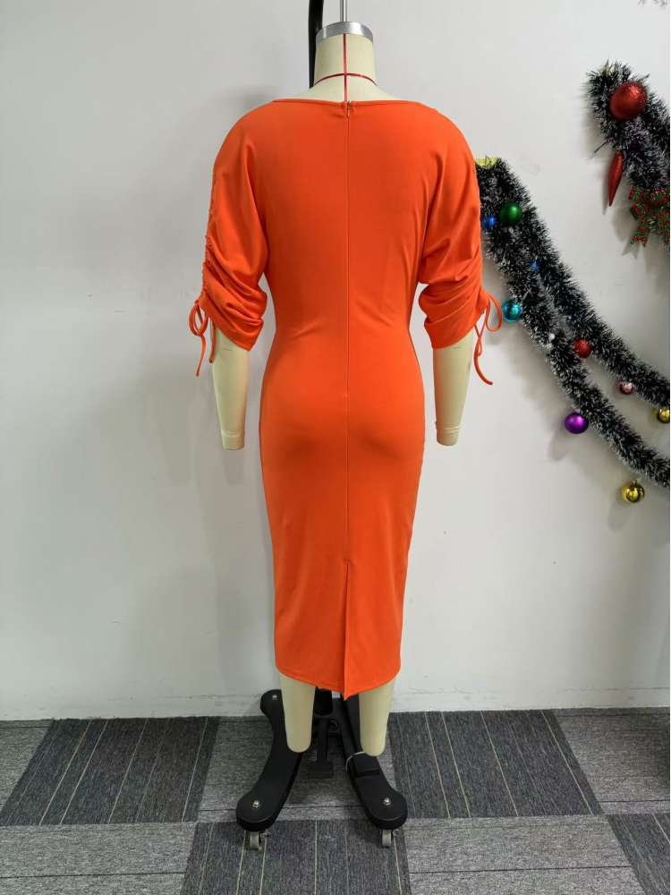 Elbow Sleeve Cowl Neck Split Hem Midi Dress