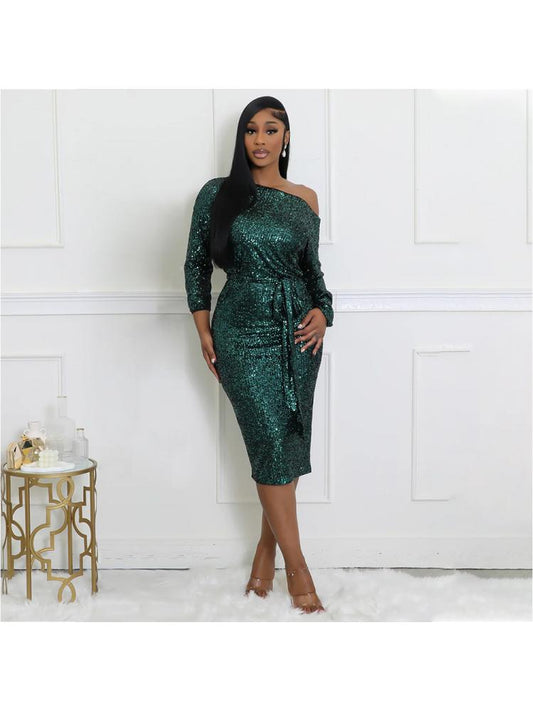 Elegant Sequins Tie-wrap Long Sleeve Midi Dress