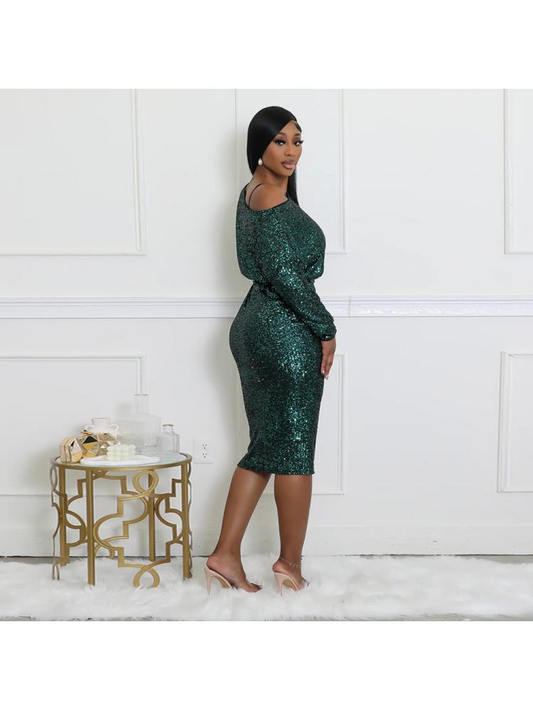 Elegant Sequins Tie-wrap Long Sleeve Midi Dress