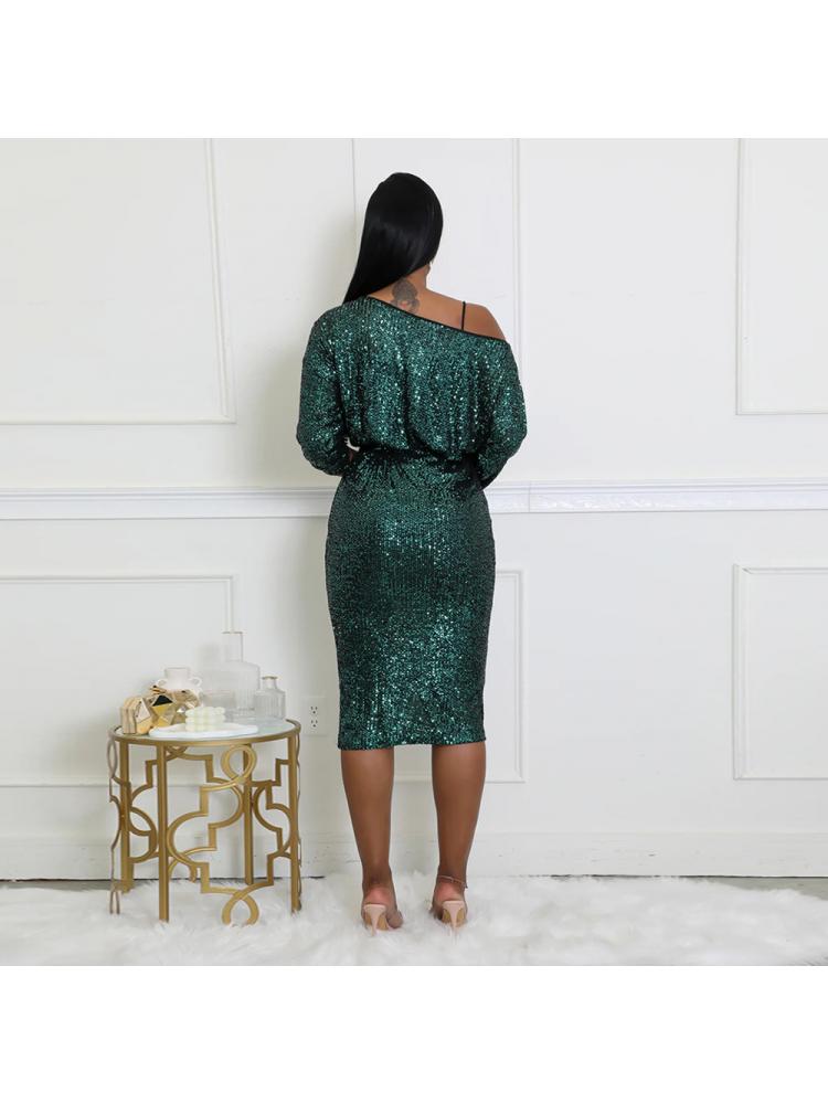 Elegant Sequins Tie-wrap Long Sleeve Midi Dress