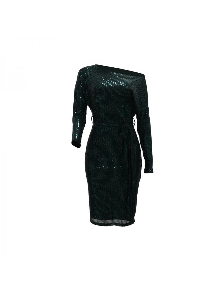 Elegant Sequins Tie-wrap Long Sleeve Midi Dress