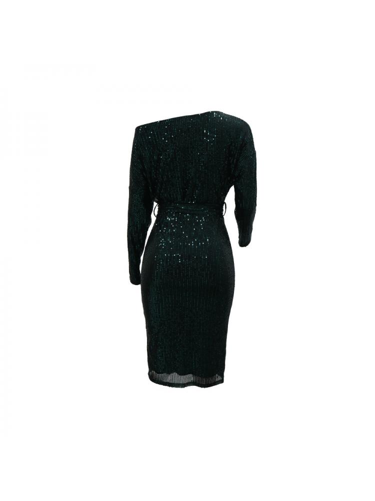 Elegant Sequins Tie-wrap Long Sleeve Midi Dress