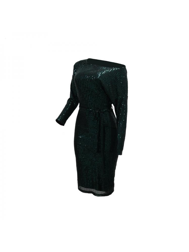 Elegant Sequins Tie-wrap Long Sleeve Midi Dress