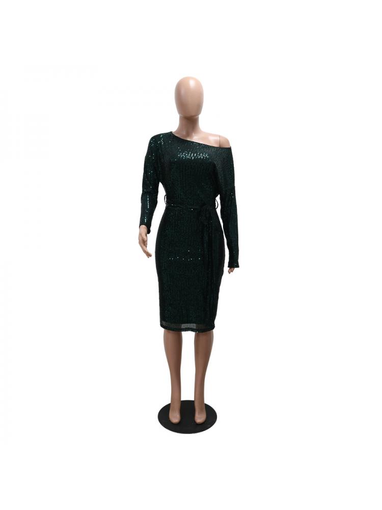 Elegant Sequins Tie-wrap Long Sleeve Midi Dress