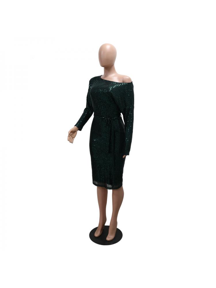 Elegant Sequins Tie-wrap Long Sleeve Midi Dress