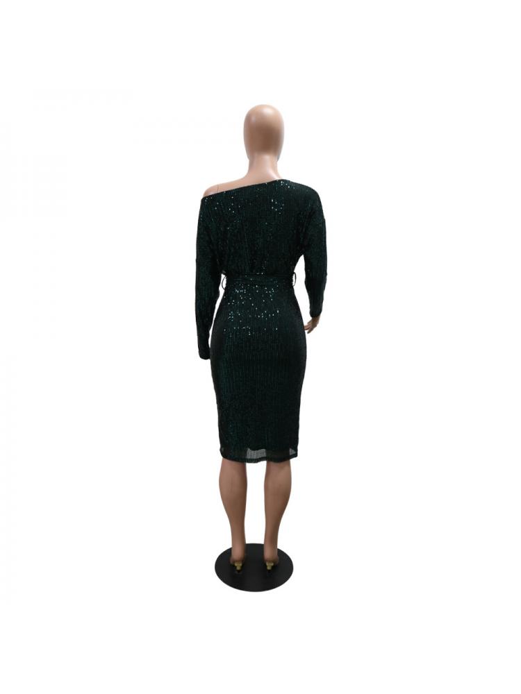 Elegant Sequins Tie-wrap Long Sleeve Midi Dress