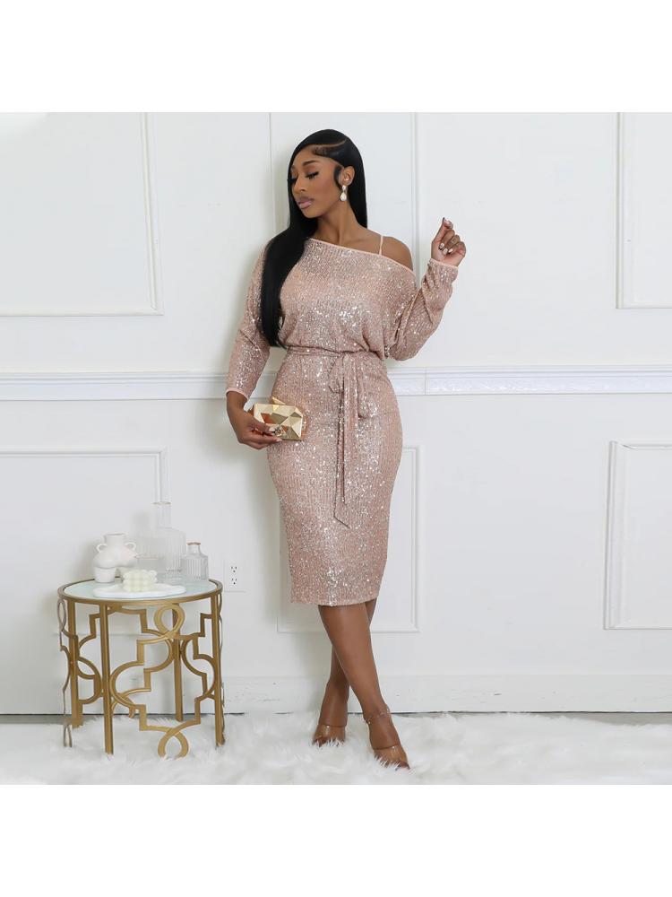 Elegant Sequins Tie-wrap Long Sleeve Midi Dress