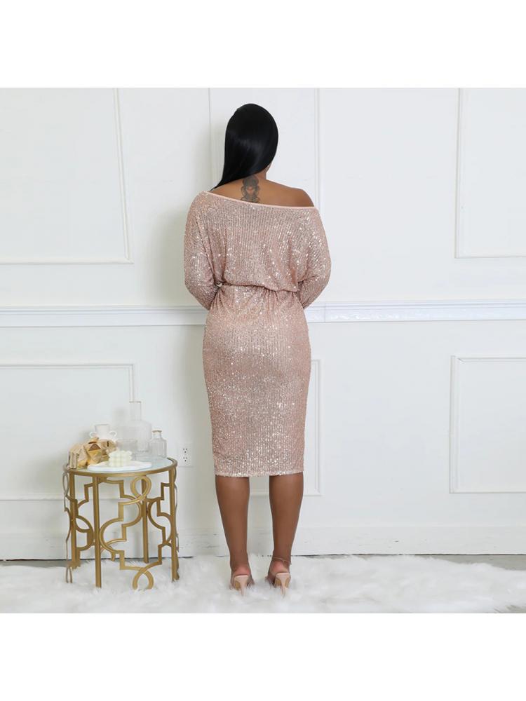 Elegant Sequins Tie-wrap Long Sleeve Midi Dress