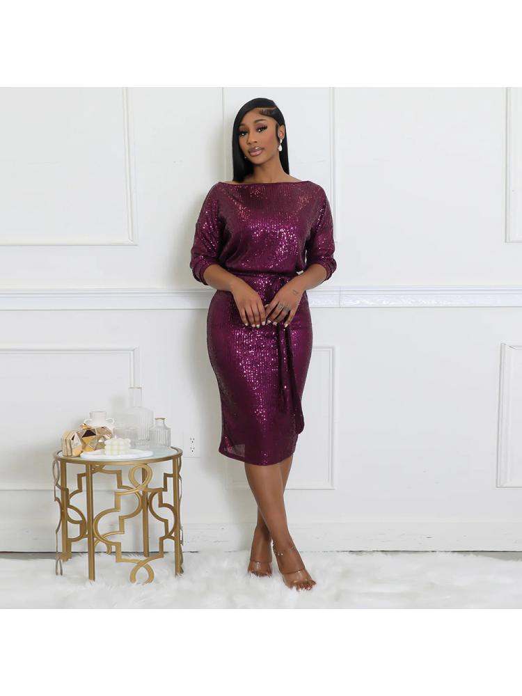 Elegant Sequins Tie-wrap Long Sleeve Midi Dress