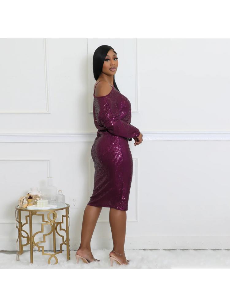 Elegant Sequins Tie-wrap Long Sleeve Midi Dress