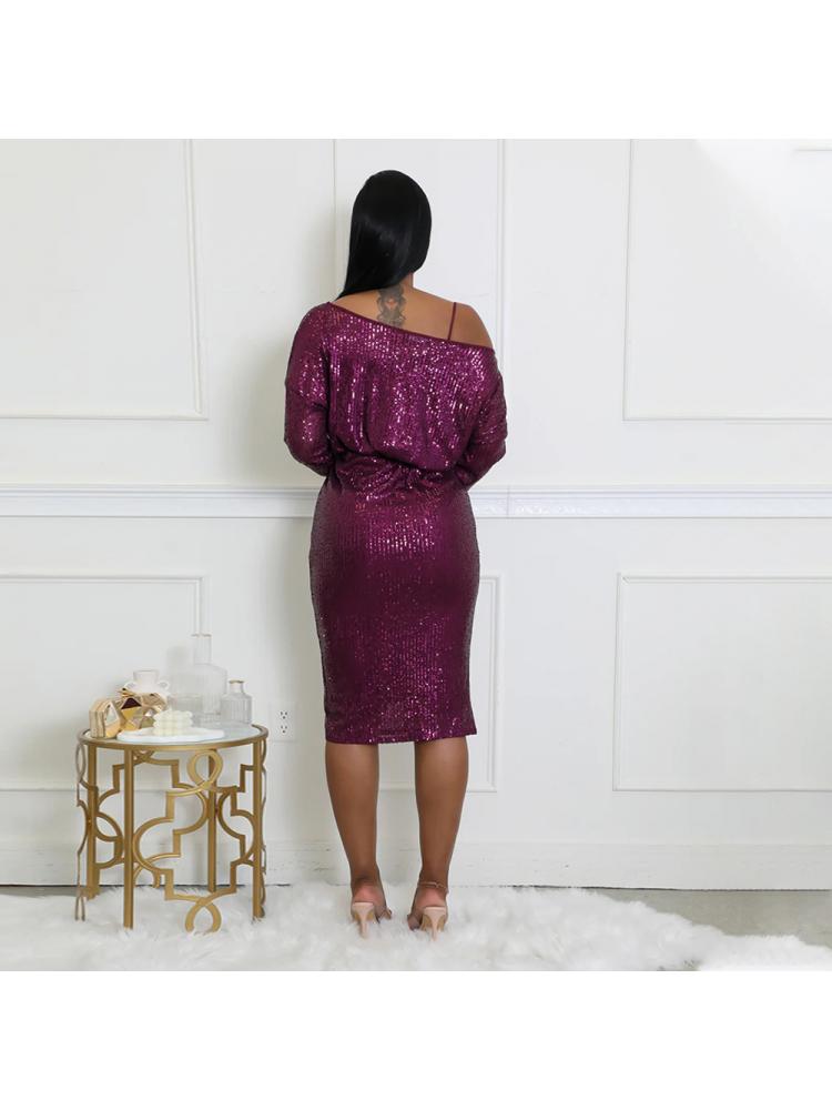 Elegant Sequins Tie-wrap Long Sleeve Midi Dress