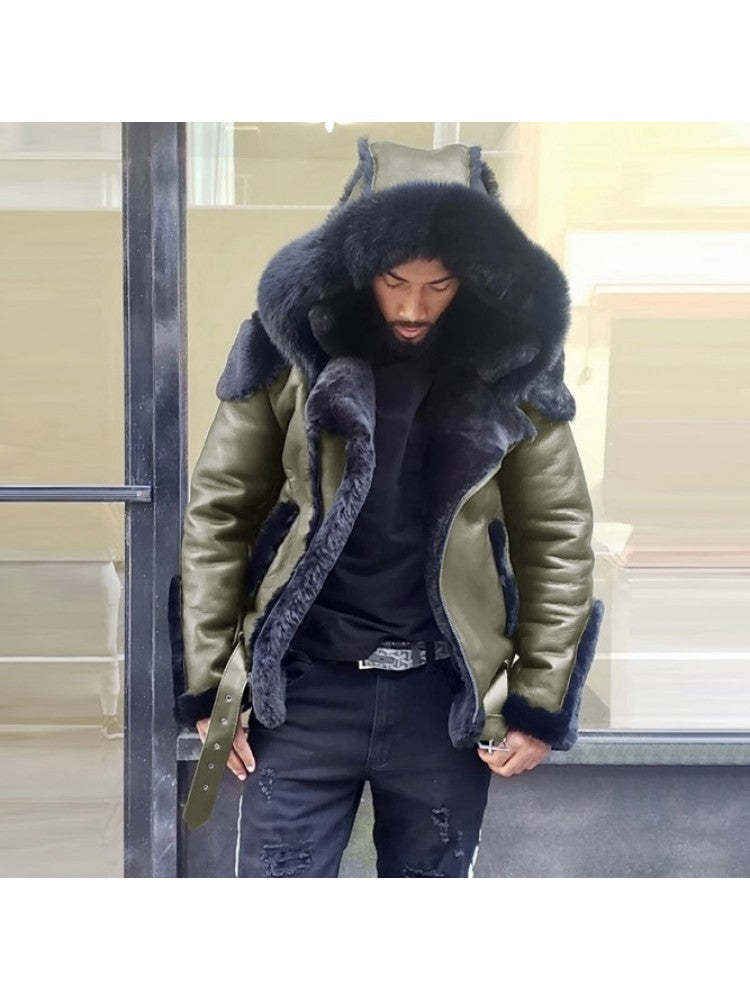 Solid PU Fur Patchwork Lapel Long Sleeve Zipper Men Short Coats