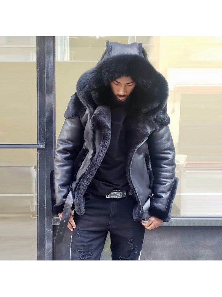 Solid PU Fur Patchwork Lapel Long Sleeve Zipper Men Short Coats