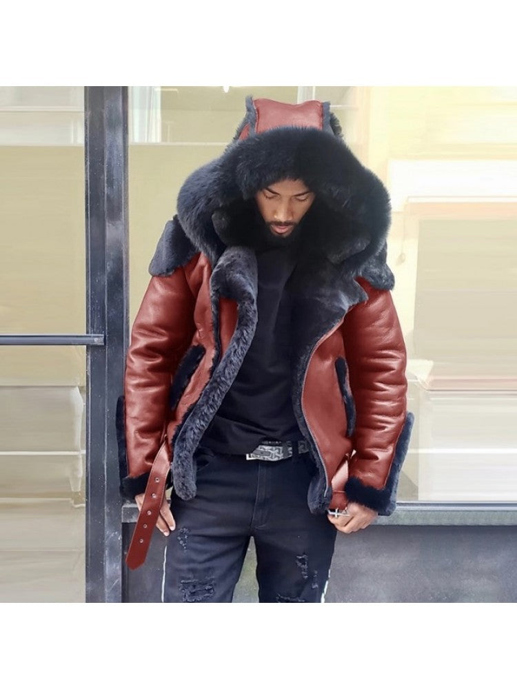 Solid PU Fur Patchwork Lapel Long Sleeve Zipper Men Short Coats