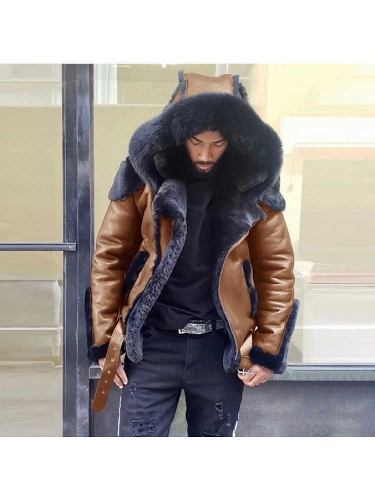 Solid PU Fur Patchwork Lapel Long Sleeve Zipper Men Short Coats