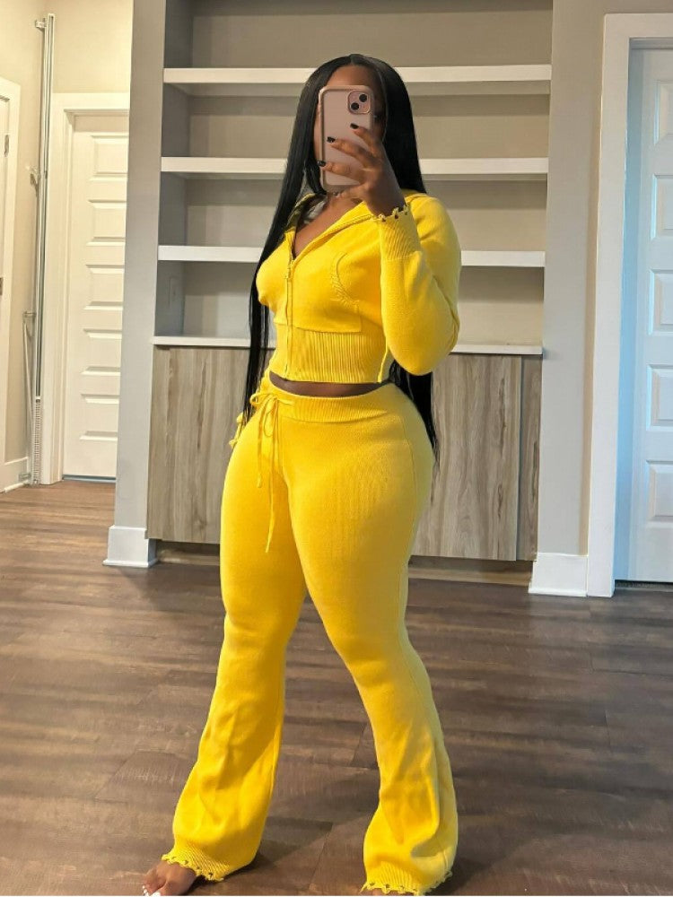 Ripped Knitting Zipper Hooded Pant Sets