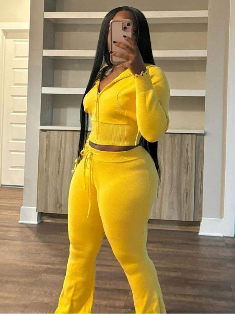 Ripped Knitting Zipper Hooded Pant Sets