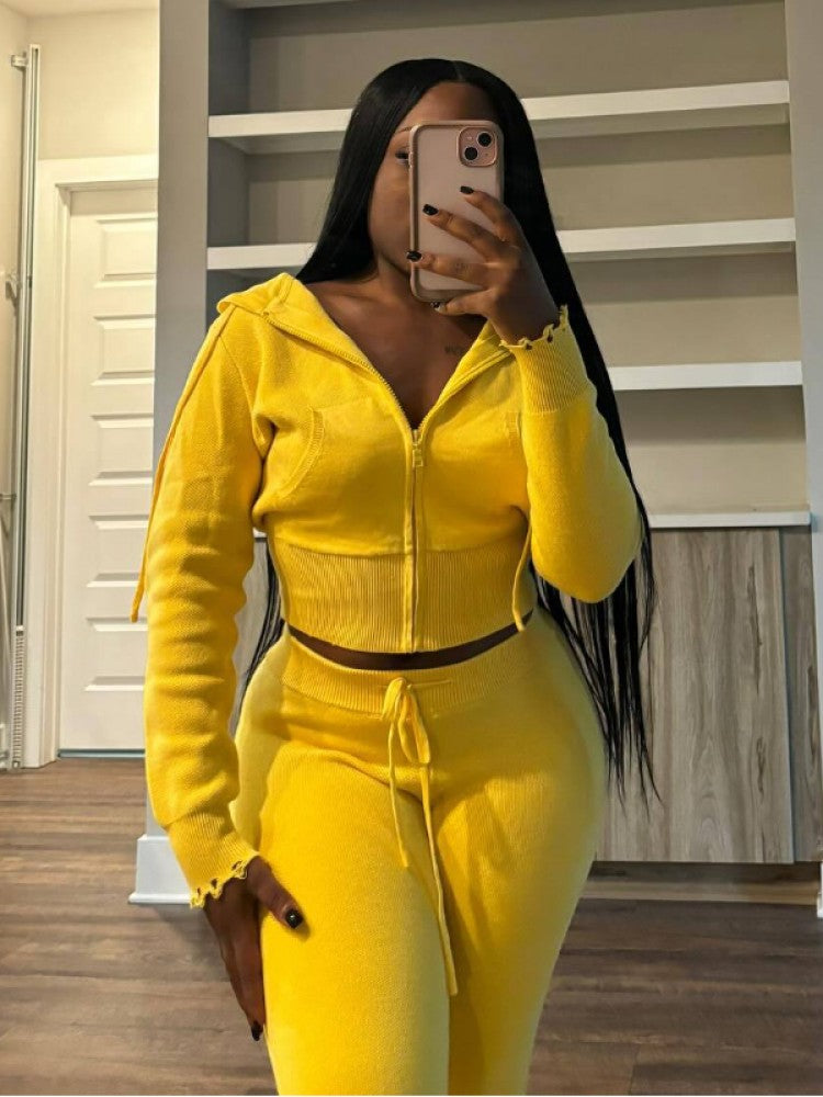 Ripped Knitting Zipper Hooded Pant Sets
