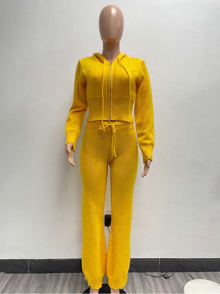 Ripped Knitting Zipper Hooded Pant Sets