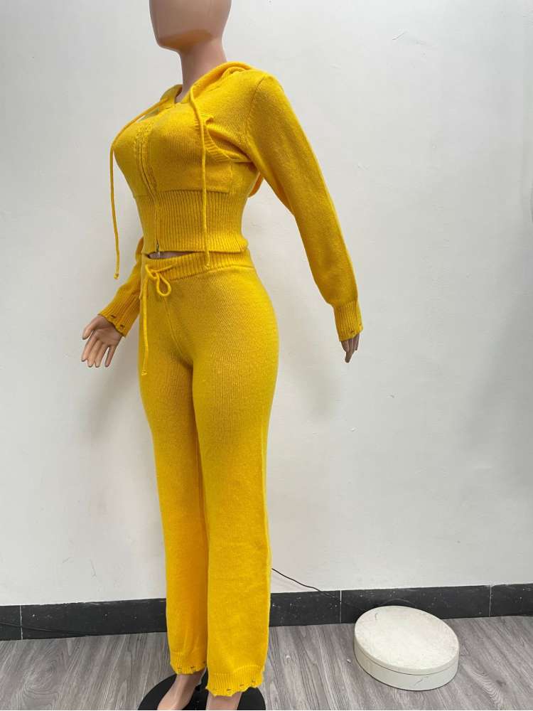 Ripped Knitting Zipper Hooded Pant Sets