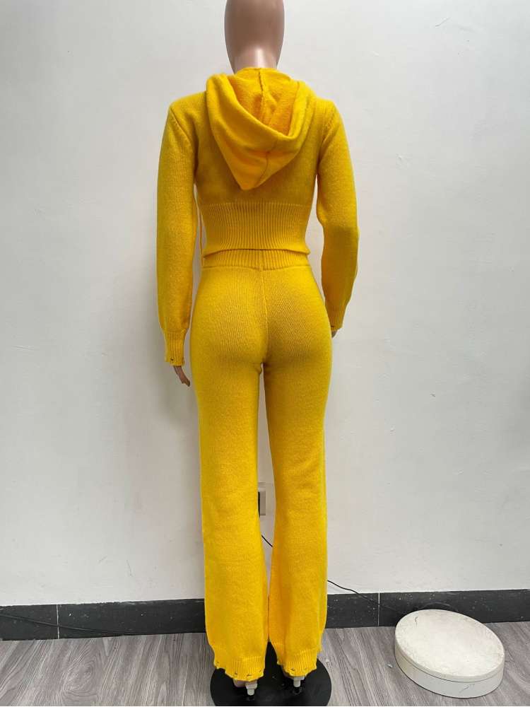 Ripped Knitting Zipper Hooded Pant Sets