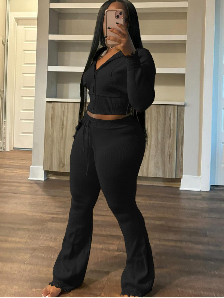 Ripped Knitting Zipper Hooded Pant Sets