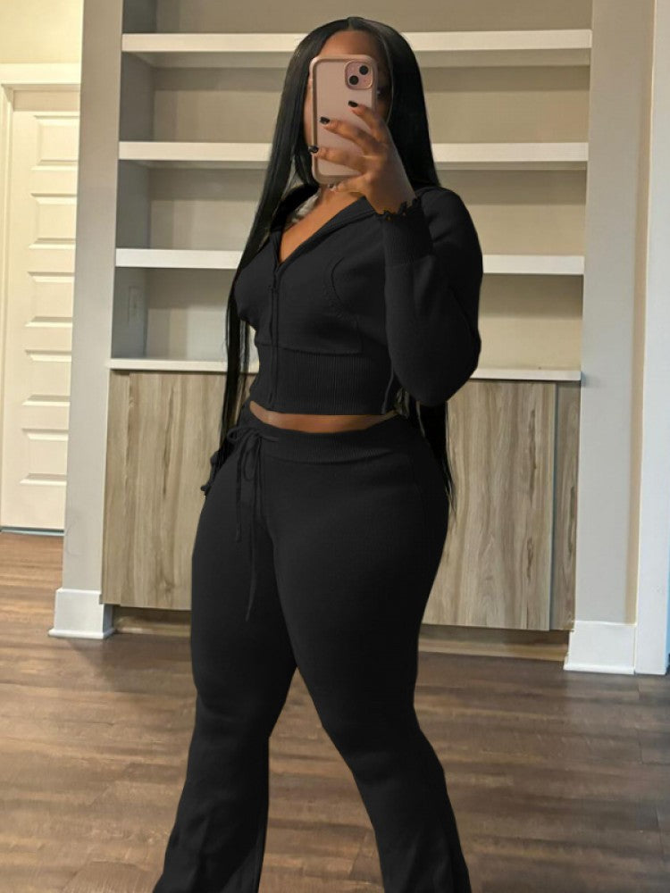 Ripped Knitting Zipper Hooded Pant Sets
