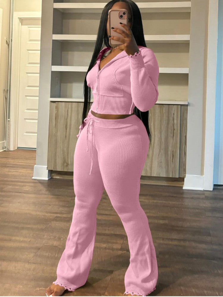 Ripped Knitting Zipper Hooded Pant Sets
