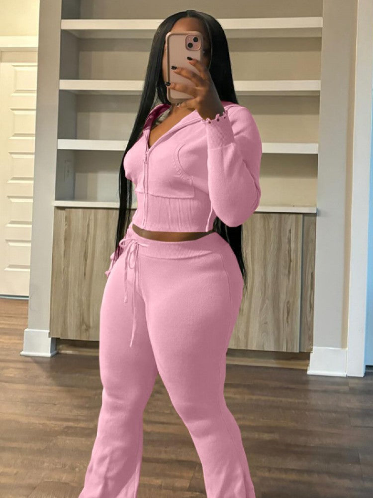 Ripped Knitting Zipper Hooded Pant Sets
