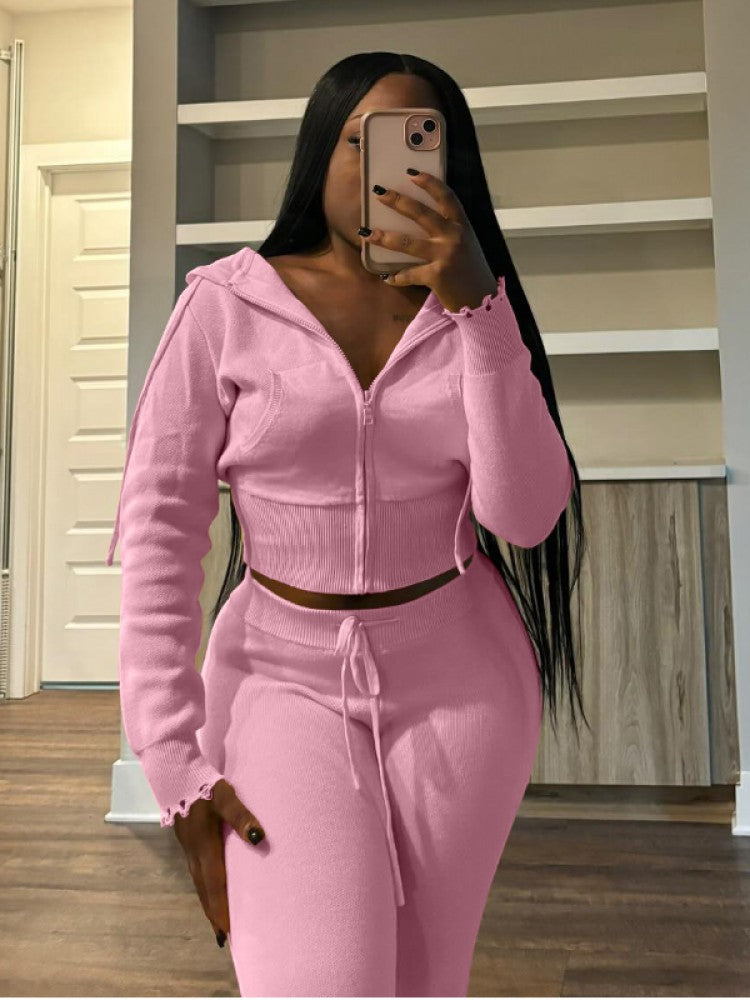 Ripped Knitting Zipper Hooded Pant Sets