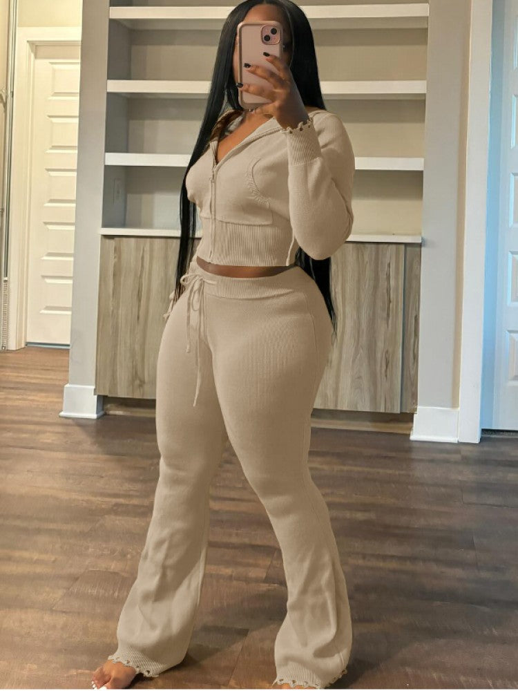 Ripped Knitting Zipper Hooded Pant Sets