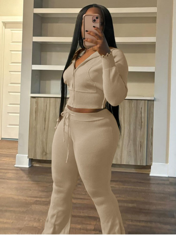 Ripped Knitting Zipper Hooded Pant Sets