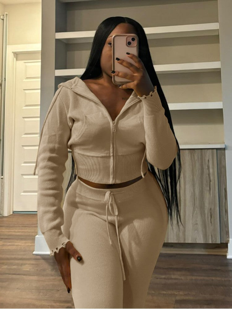 Ripped Knitting Zipper Hooded Pant Sets